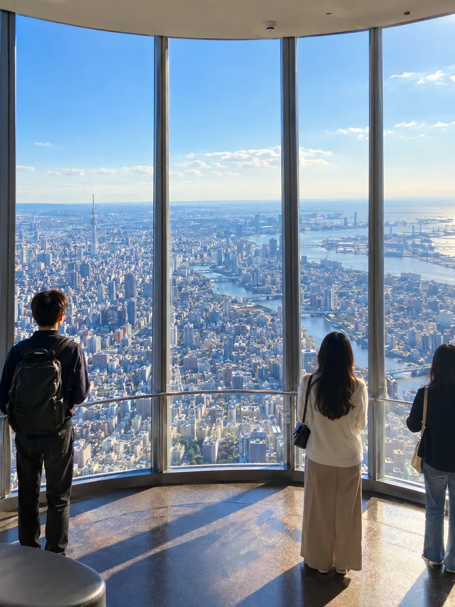 Besucher von hinten an den hohen Fenstern einer Aussichtsplattform, Tokio und der Fluss liegen weit unten im Sonnenschein