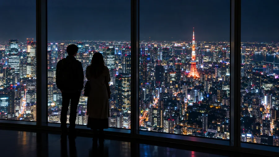 Silhouetten an einem großen Fenster hoch über Tokio bei Nacht, die Lichter der Stadt und der Tokyo Tower in der Ferne