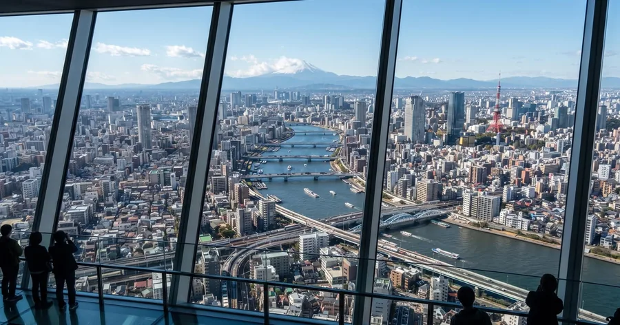 Besucher an den hohen Fenstern einer Aussichtsplattform über Tokio, der Fluss und in weiter Ferne der Fuji